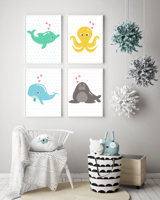 Poster Baby- und Kinderzimmer: 4er Set Wassertiere