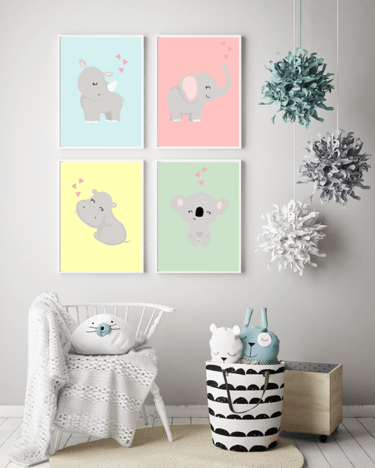Poster Baby- und Kinderzimmer: 4er Set exotische Tiere farbig