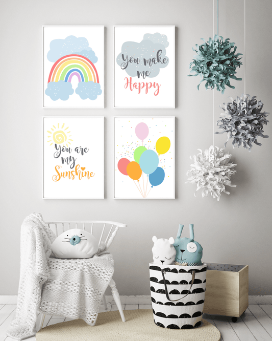 Poster Baby- und Kinderzimmer: 4er Set blauer Regenbogen